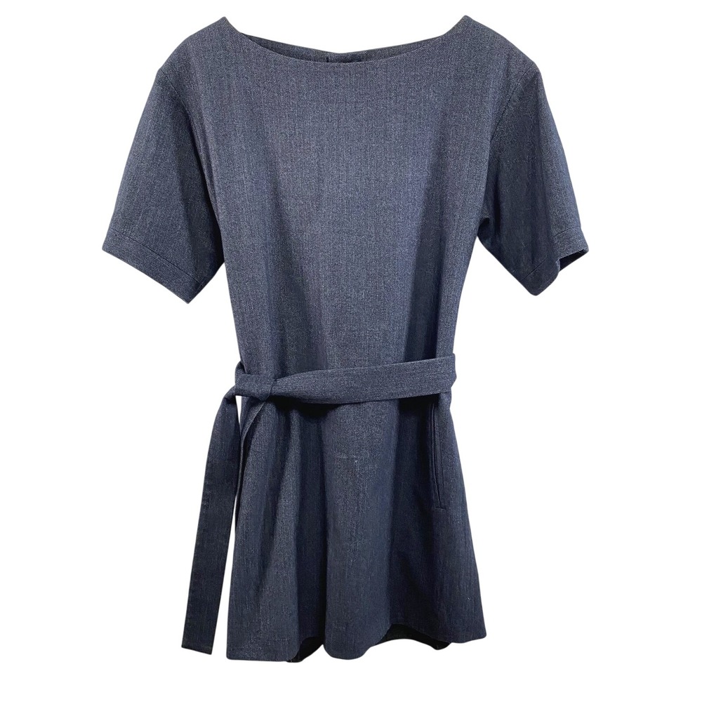 Paul & Joe Dress Womens 38 Blue Gray Herringbone Belted Short Sleeve Made France